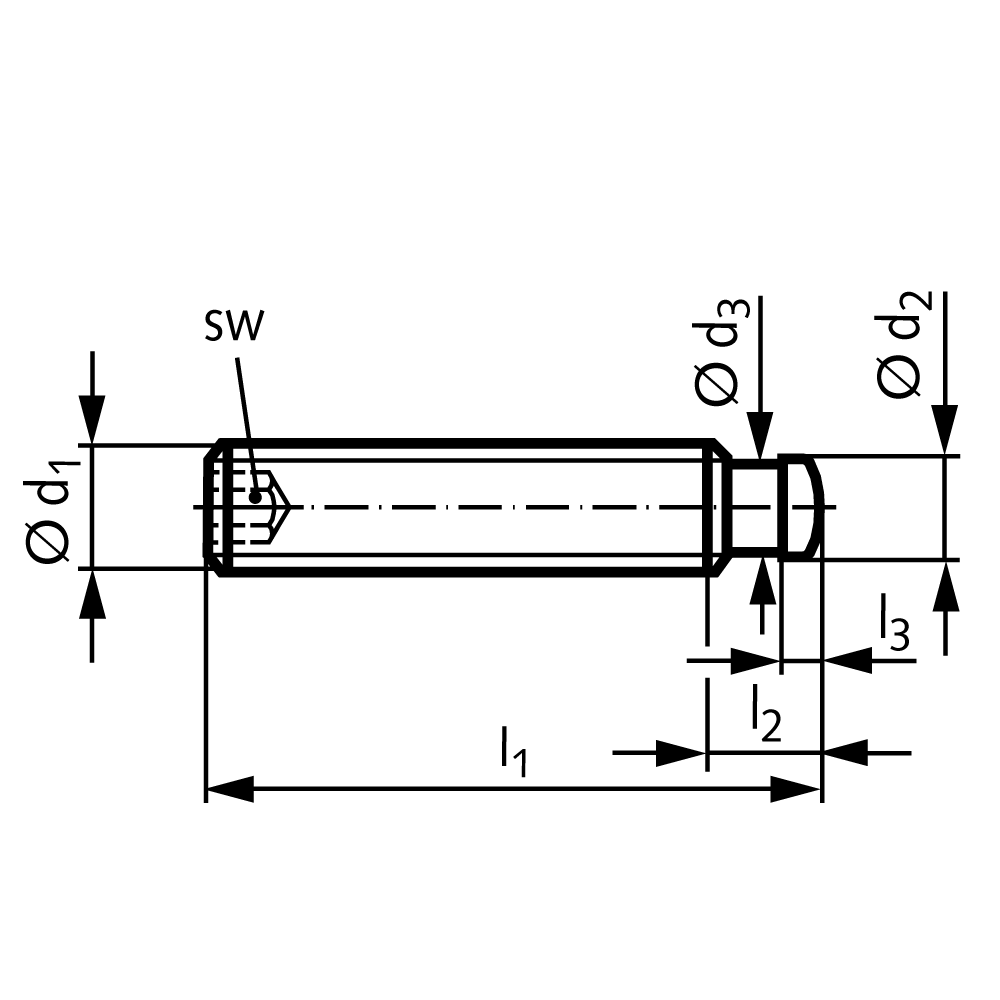 Grub screw DIN 6332 with thrust point type IS with internal hexagon thread M6 length 30mm steel strength 5.8 black oxide finished