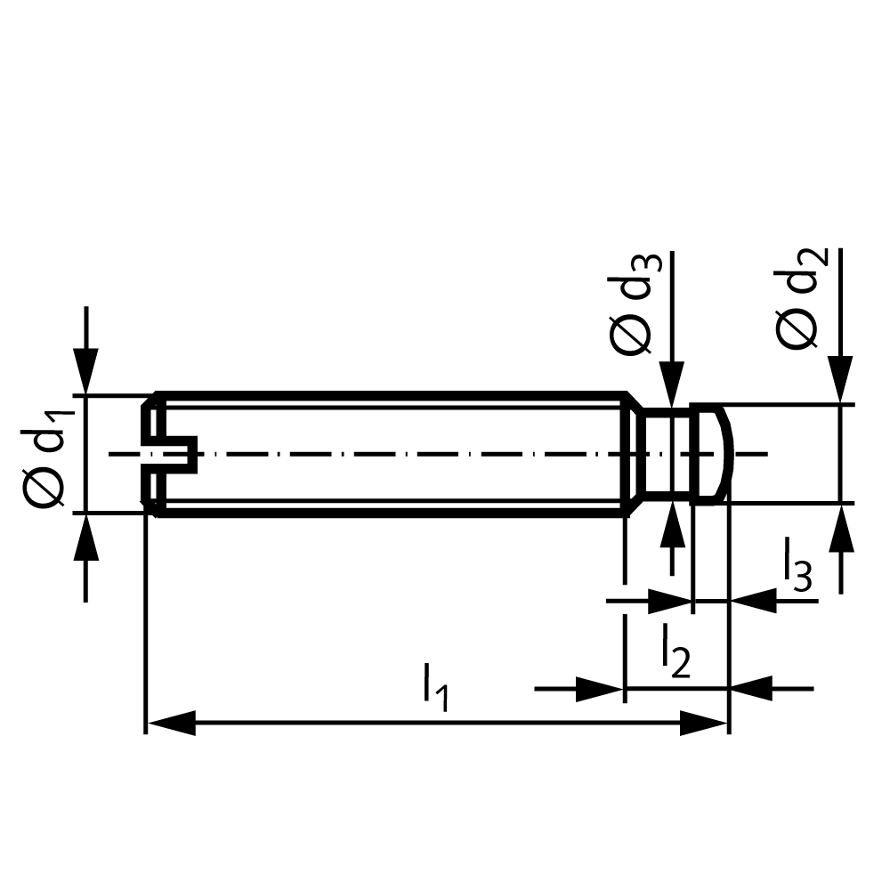 Grub screw DIN 6332 with thrust point thread M6 length 30mm steel strength 5.8 black oxide finished