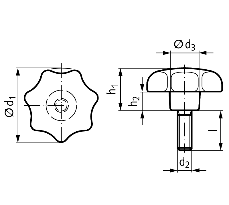 Star knob similar DIN 6336 type GV Technopolymer PA6GV ø32 M6x20