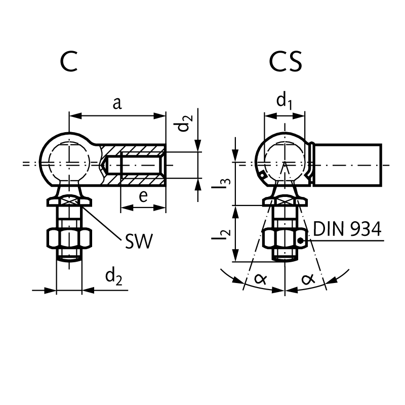Angle joint DIN 71802 type CS with safety circlip size 13 thread M8 left with nut steel zinc-plated
