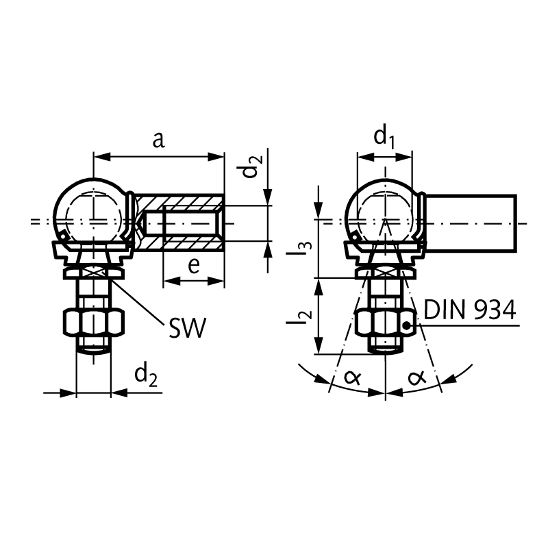 Angle joint DIN 71802 type CS with safety circlip size 13 thread M8 right with nut stainless steel 1.4301 with mounted sealing cap