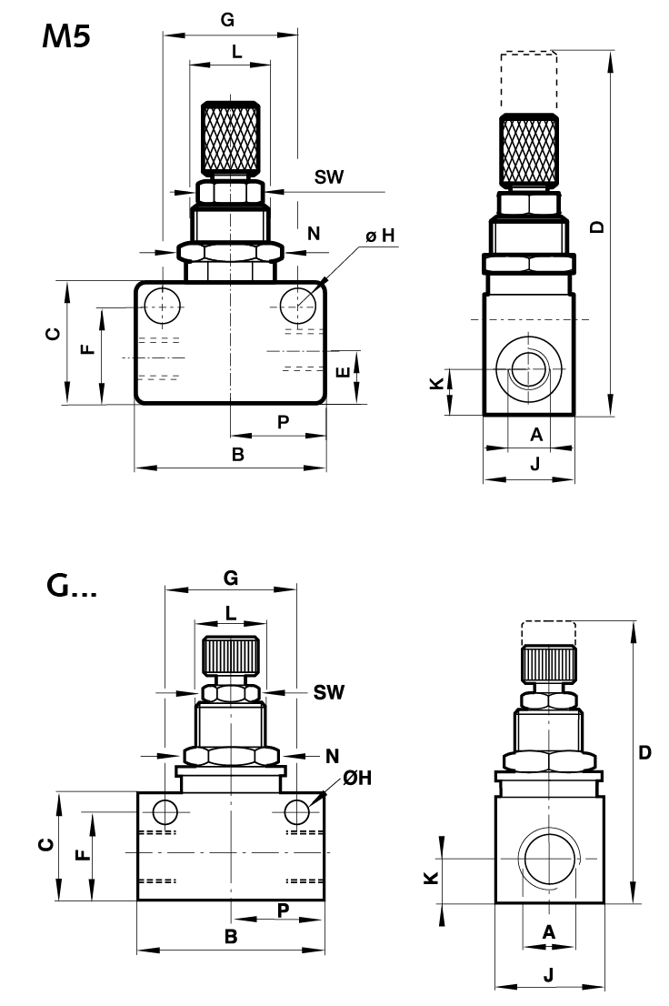 Block form flow regulator uni-directional thread G3/8