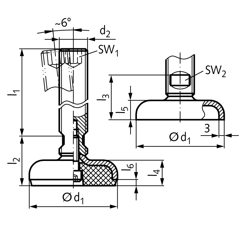 Leveling foot 340.5 type NG M16 x 100mm long foot diameter 60mm stainless steel 1.4301