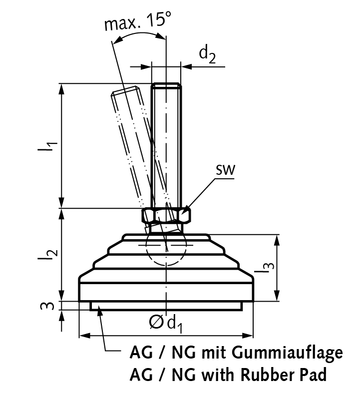 Leveling foot 344 type AG M10 x 43mm long foot diameter 60mm