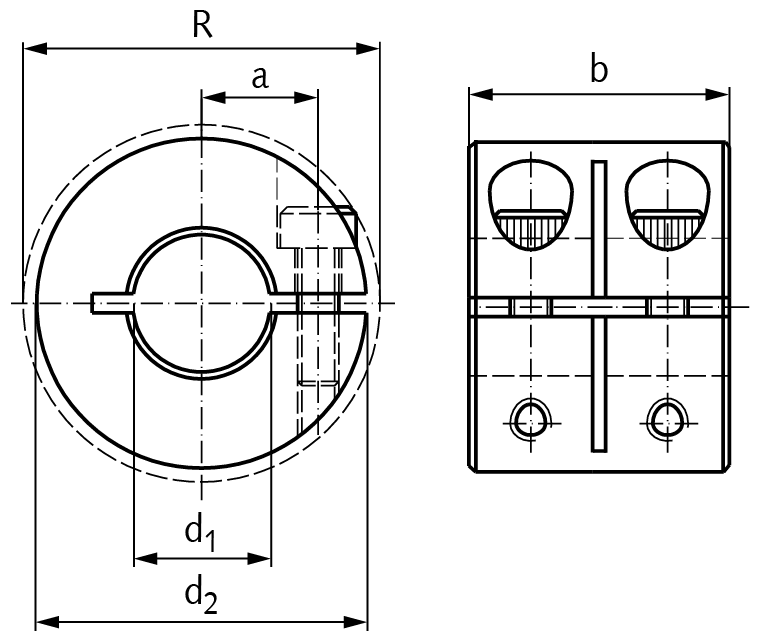 Clamp collar single-split double wide stainless steel 1.4305 bore 6mm with bolts DIN 912 A2-70