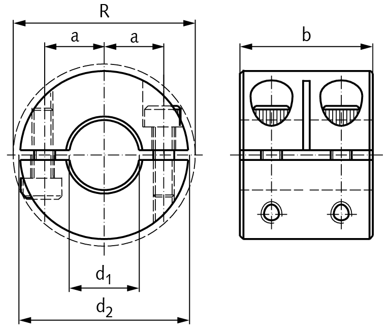 Clamp collar double-split double wide steel C45 black oxide finished bore 8mm with bolts DIN 912 12.9