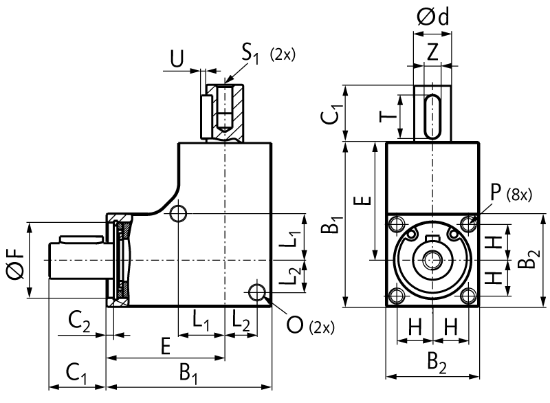 Bevel gearbox KEK version A size 1 ratio 1:1 shaft diameter 6mm housing length 32mm