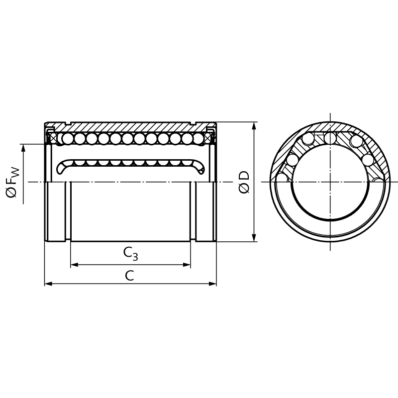 Linear ball bearing KB-3-STS ISO series 3 ball cage from steel sealed on both sides for shaft Ø 12mm