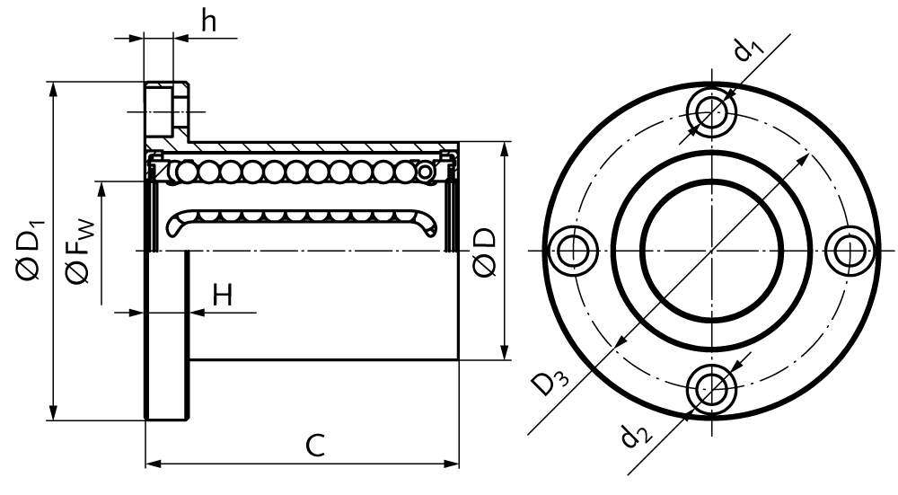 Linear ball bearing KB-ST-F with round flange sealed on both sides for shaft Ø 8mm short version