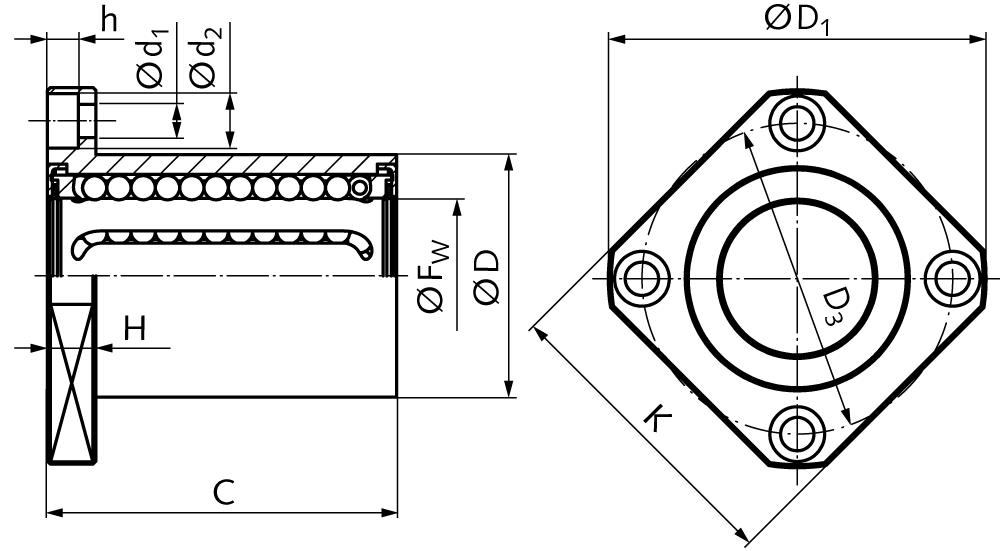 Linear ball bearing KB-ST-V with square flange sealed on both sides for shaft Ø 8mm short version