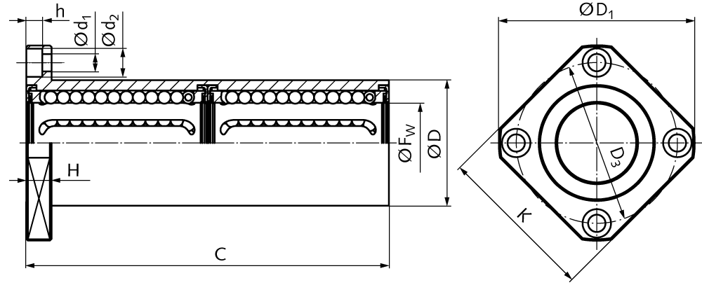 Tandem linear ball bearing KB-ST-VL with square flange sealed on both sides for shaft Ø 50mm long version