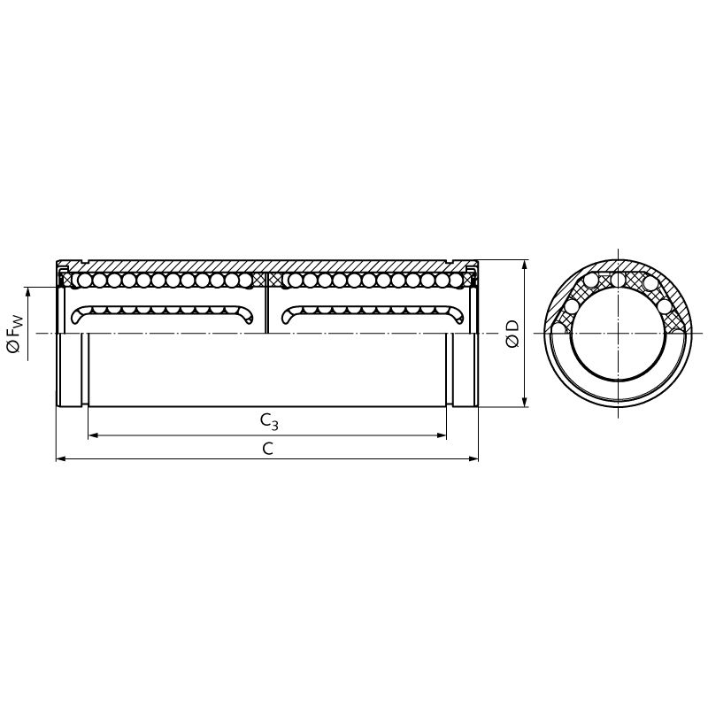 Tandem linear ball bearing KBT-ST ISO series 3 sealed on both sides for shaft Ø 8mm