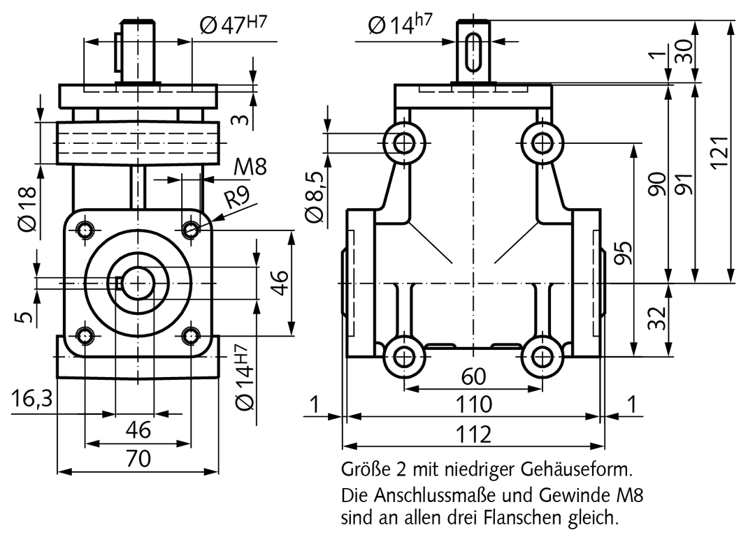 Bevel gearbox DZA, type H, size 2, i=1:1