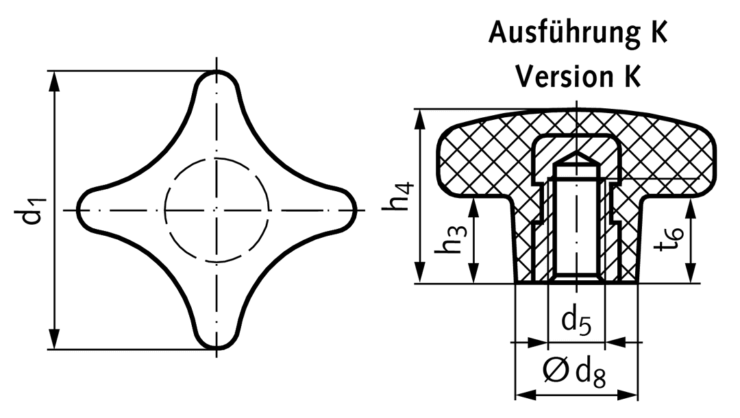Star knob similar to DIN 6335 made from plastic type K diameter 32mm