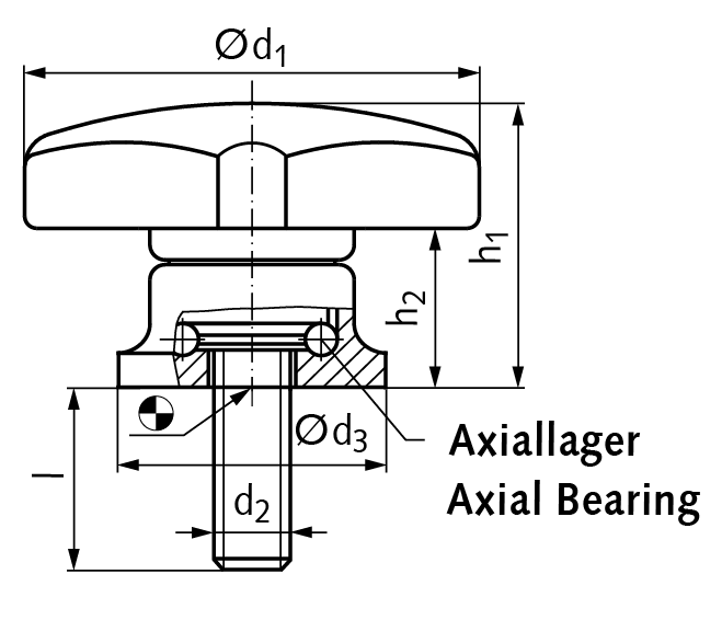 Star knob screw with axial bearing thermoplastic diameter 50mm M8 x 20mm