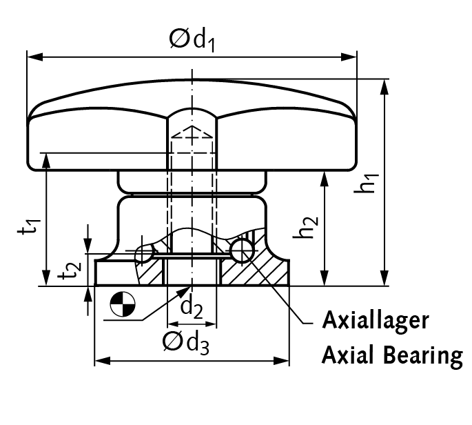 Star knob with axial bearing made from thermoplastic diameter 50mm