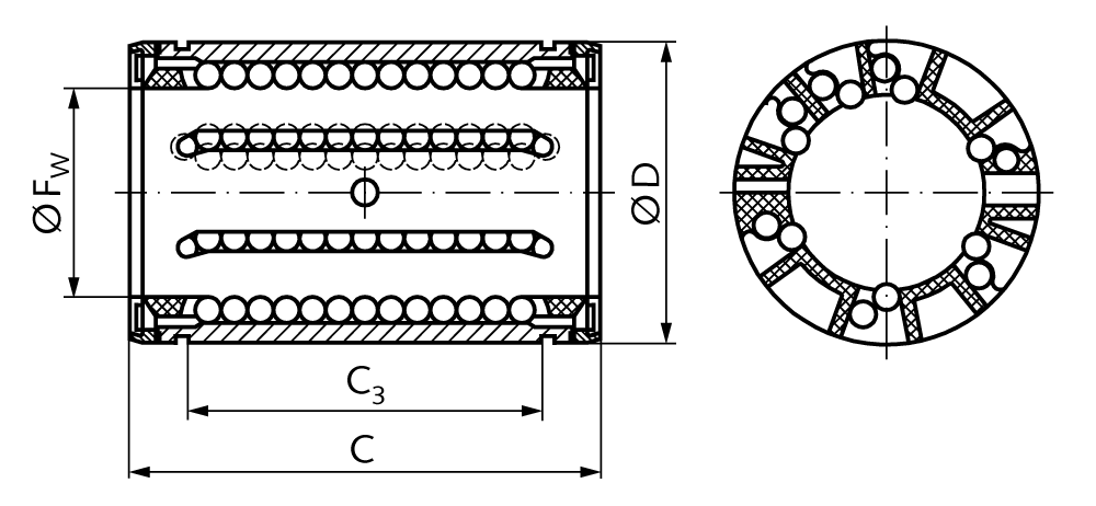Linear ball bearing KB-3 ISO series 3 premium stainless with shields for shaft Ø 25mm