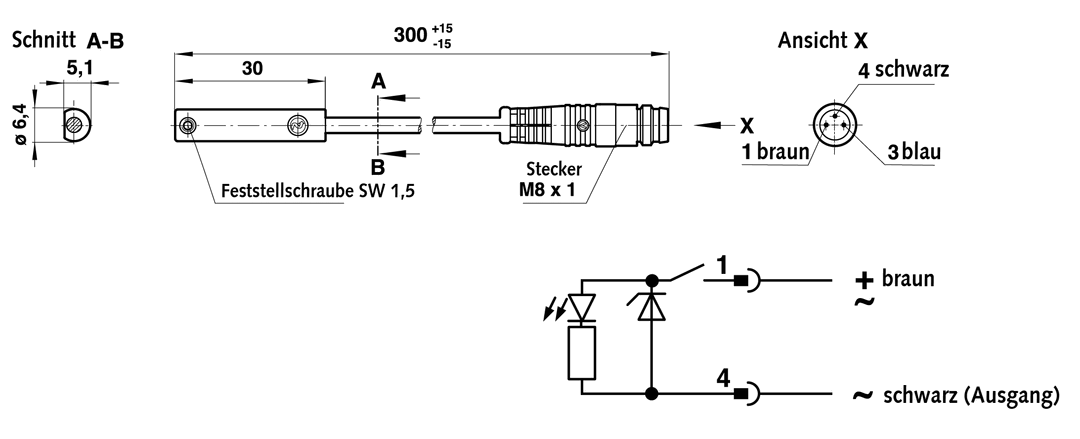 Magnetic switch with dry reed contact, Wechsler without connector cable length 5m