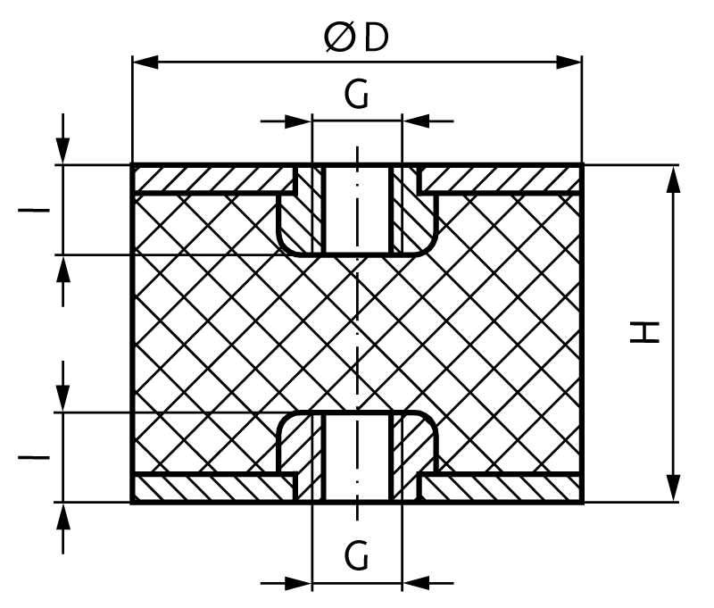 Rubber-metal buffer MGI with internal thread on both sides diameter 15mm height 15mm thread M4 x 4mm stainless steel 1.4301