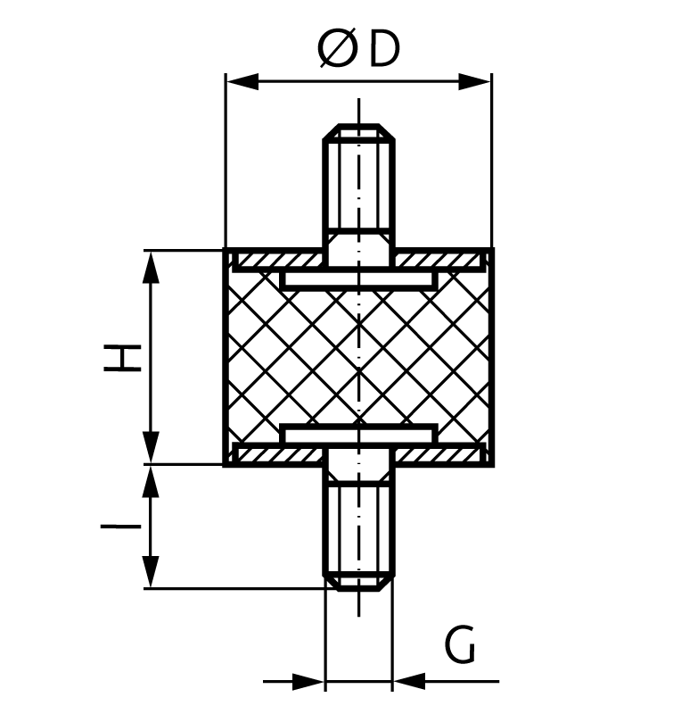 Rubber-metal buffer MGP diameter 25mm height 25mm thread M6 x 18mm stainless steel 1.4301