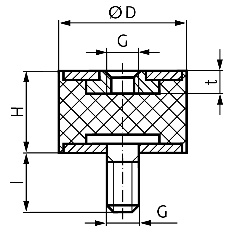 Rubber-metal buffer MGA diameter 15mm height 15mm thread M5 x 8mm stainless steel 1.4301