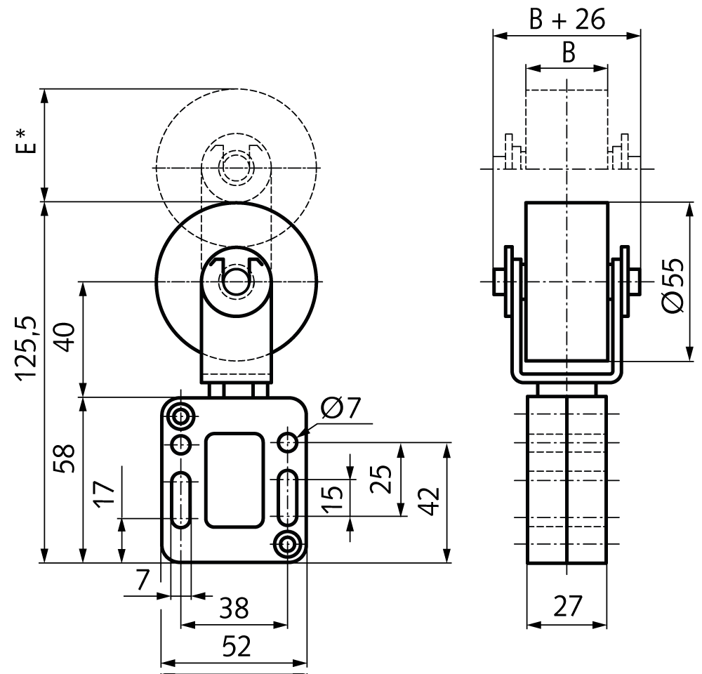 Belt tensioner SPANN-BOX® size 0 low tensioning force roller-Ø 55mm (cylindrical) roller width 20mm