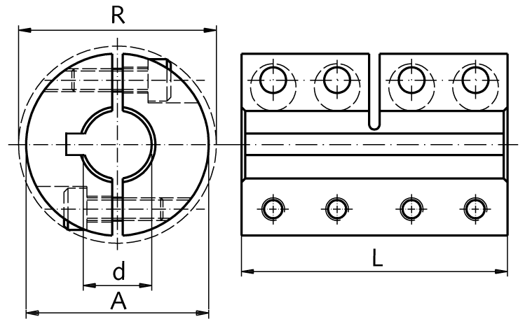 Two-piece clamp coupling MAT both sides bore 6mm with keyway steel C45 black oxide finished with bolts DIN 912-12.9