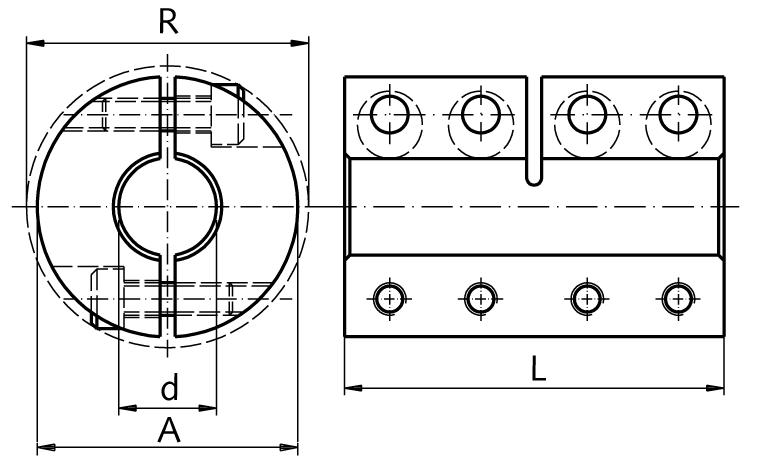 Two-piece clamp coupling MAT both sides bore 6mm without keyway steel C45 black oxide finished with bolts DIN 912-12.9
