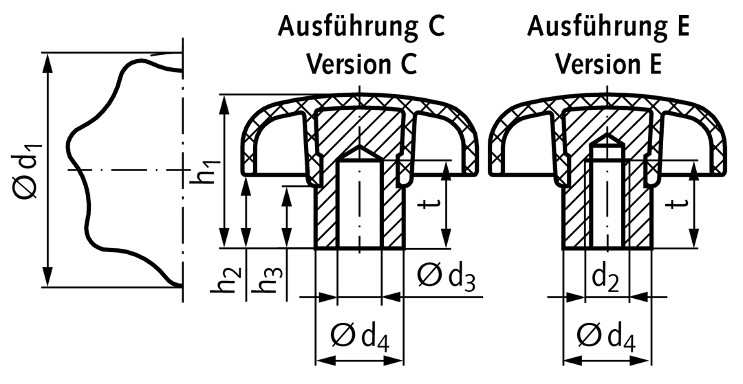 Star knob similar to DIN 6336 type E thread M6