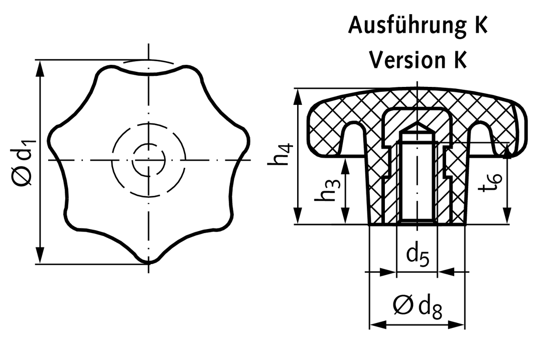 Star knob similar to DIN 6336 made from plastic type K diameter 25mm