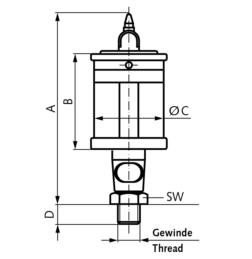 Drip feed oiler UNI drip dosing at the top capacity 140 ml thread G 1/4″