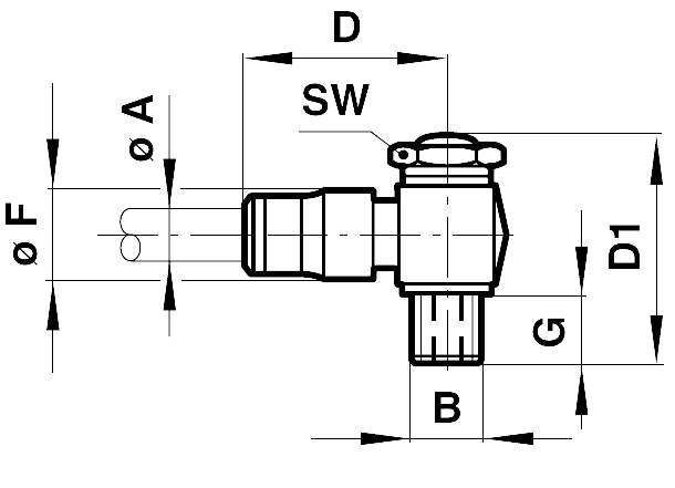 Swivel elbow adaptor with none-return valve to be used on the exhaust side, with sealing ring tube outer diameter 4mm, thread G1/8A