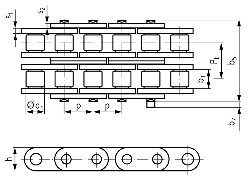 Double-strand roller chain DIN ISO 606 10 B-2-GL pitch 5/8×3/8″ with straight plates