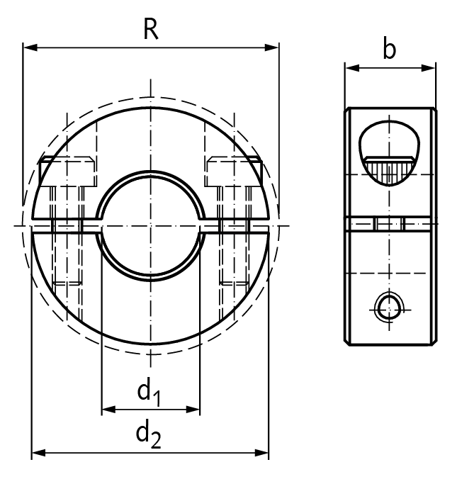 Clamp collar double-split steel C45 black oxide finished bore 14mm with bolts DIN 912 12.9