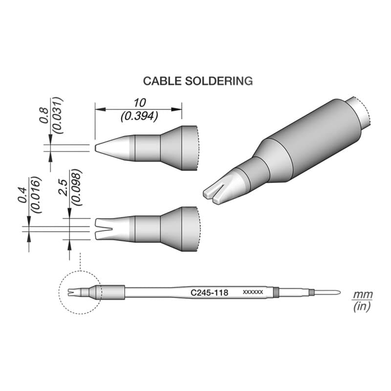 JBC C245-118 Kabel-Lötspitze 0,4 mm Spalt Gabel