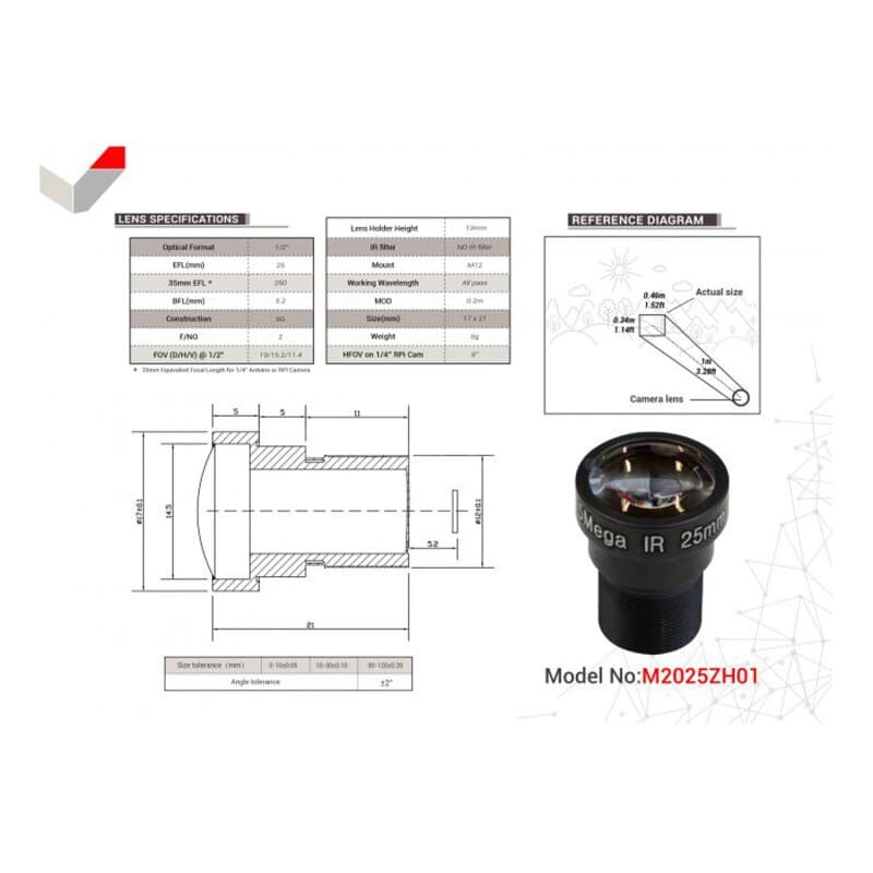 Arducam LN016 M12 Mount 25mm Focal Length Lens M2025ZH01